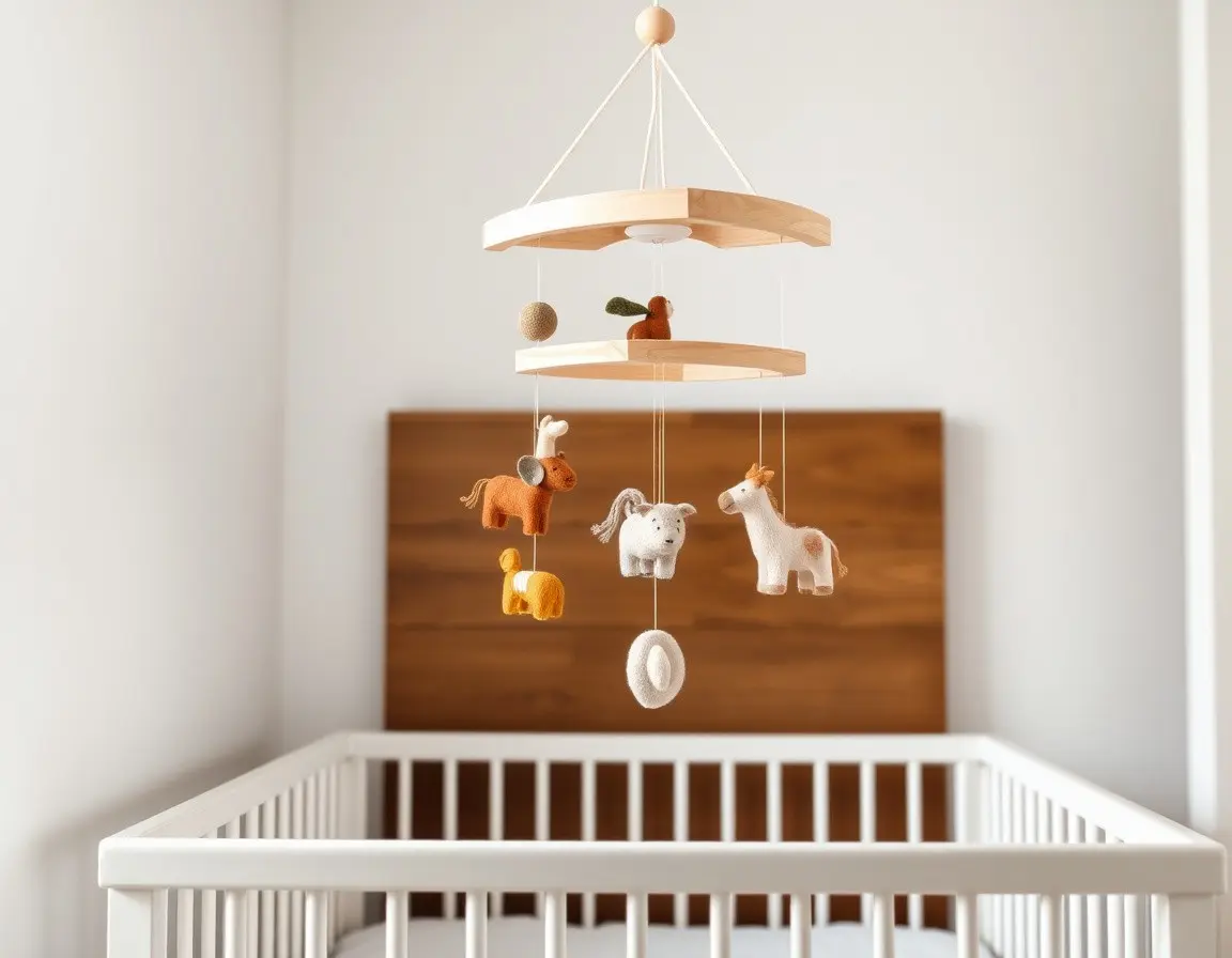 Mobile Bébé en Bois avec Animaux en Feutre