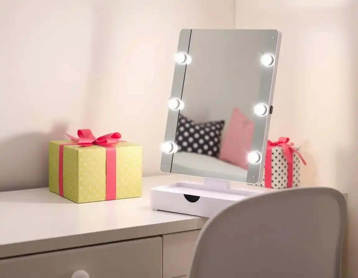 Miroir de maquillage LED avec base de rangement