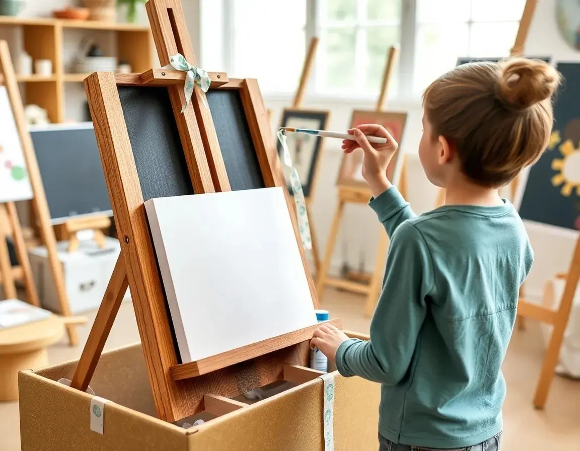 Grand chevalet d'artiste avec toile et peintures