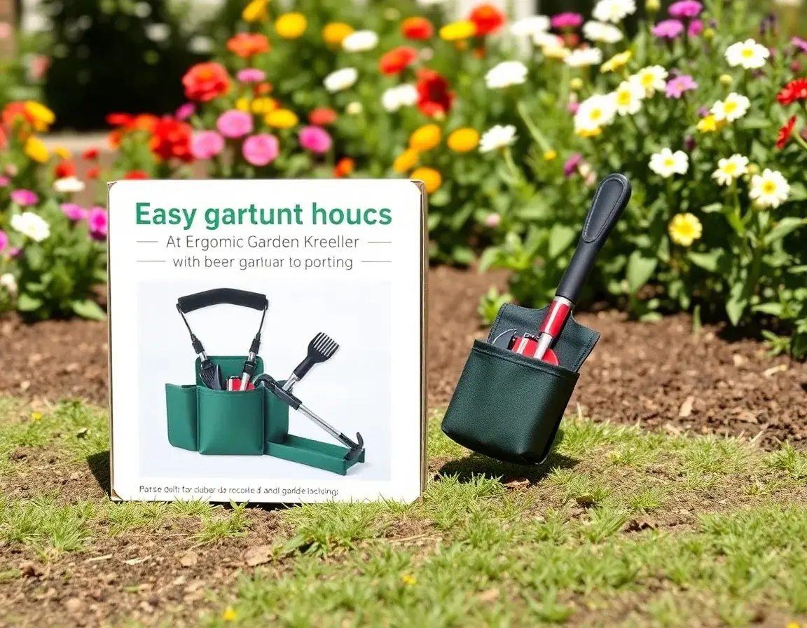 Banc de jardin ergonomique avec pochette à outils